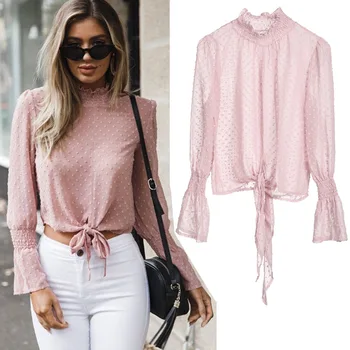 

New Women Boho Beach Summer crop Tops Long Sleeve Floral Shirt polka dot Blouse see-through Loose elegant femininas Shirt