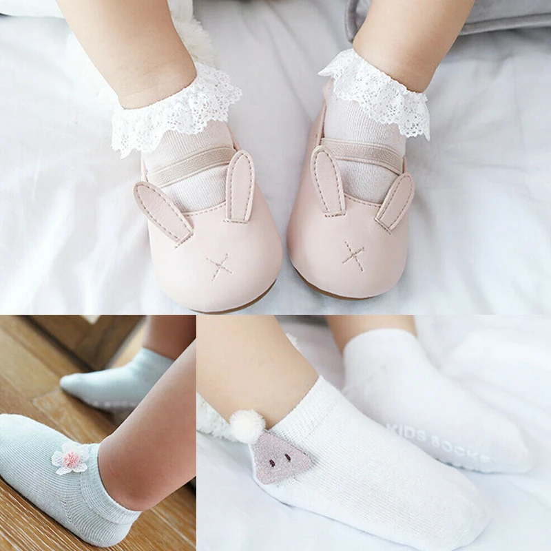 3 пары, милые носки для маленьких девочек и мальчиков детские Нескользящие хлопковые носки с бантом и крыльями ангела кружевные Дышащие носки принцессы с оборками