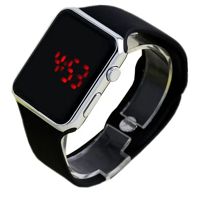 Square Mirror Face Silicone Band Digital Watches Red LED Watch Metal