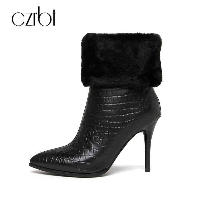 

CZRBT Fashion Women Boots Winter with Genuine Cow Stone Skin Leather and Natural Fur Super High Heels 9.5cm Big Size Ankle Shoes