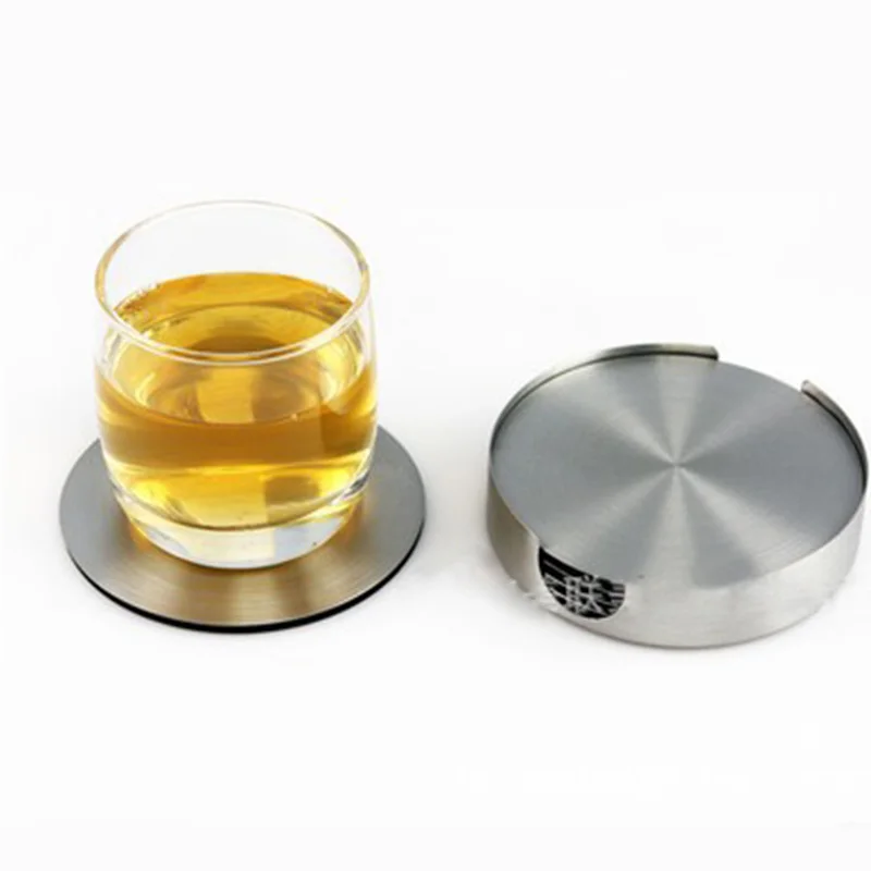 

6pcs/Set Stainless Steel Coaster Cup Mats Pads Non-slip Pad With Holder Round Square Metal Insulation Pad Tablewear