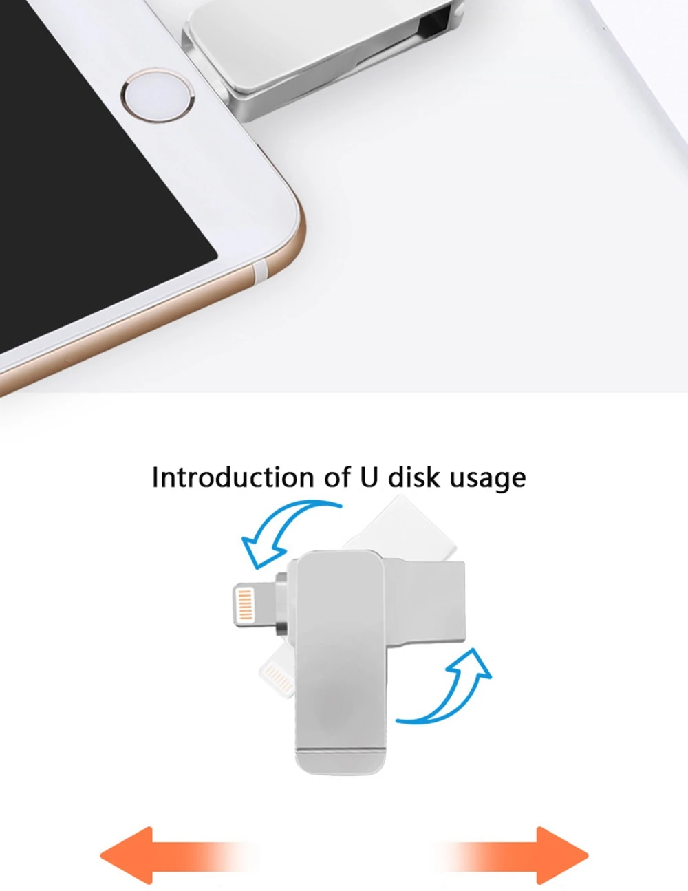 USB2.0 Flash Drive поворотный флэш-накопители для iPhone USB Flash Drive, iPad Memory Stick, android сотовый телефон компьютеры-серебро, серый