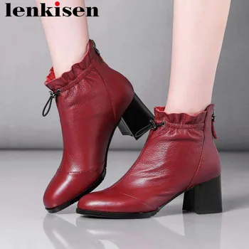 

2019 cow leather round toe thick med heels solid fashion runway zipper vintage british style elegant lady winter short boots L06