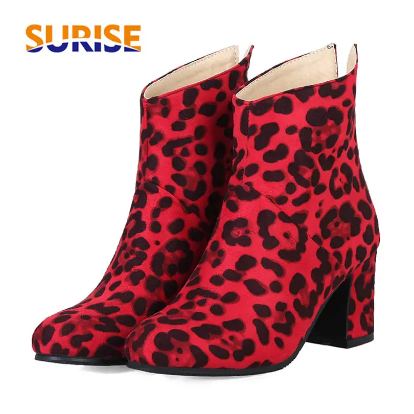 

Plus Size 47 Leopard Flock Women Ankle Boots 7cm Square Block High Heel Winter Plush Casual Female Round Toe Zipper Short Boots