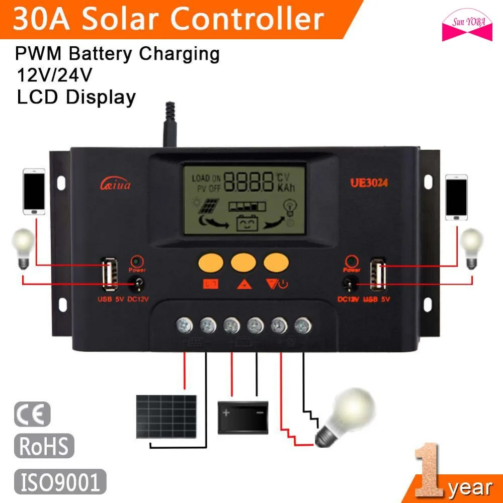 

Intelligent PWM 30A Solar Controller 12V 24V LCD Display USB 5V DC 12V Solar Panel Battery Charge Regulator Safe Protection PJW