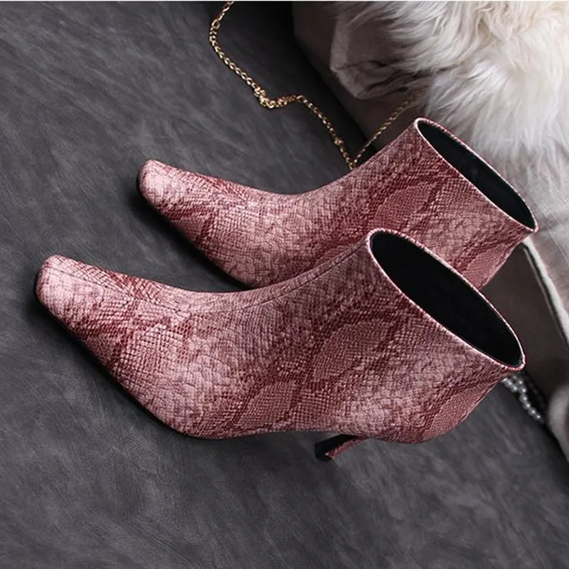 

Fashion sexy square head snake high heels Thin heels Women's boots simple Set of feet ankle boots Female short boots boty botas