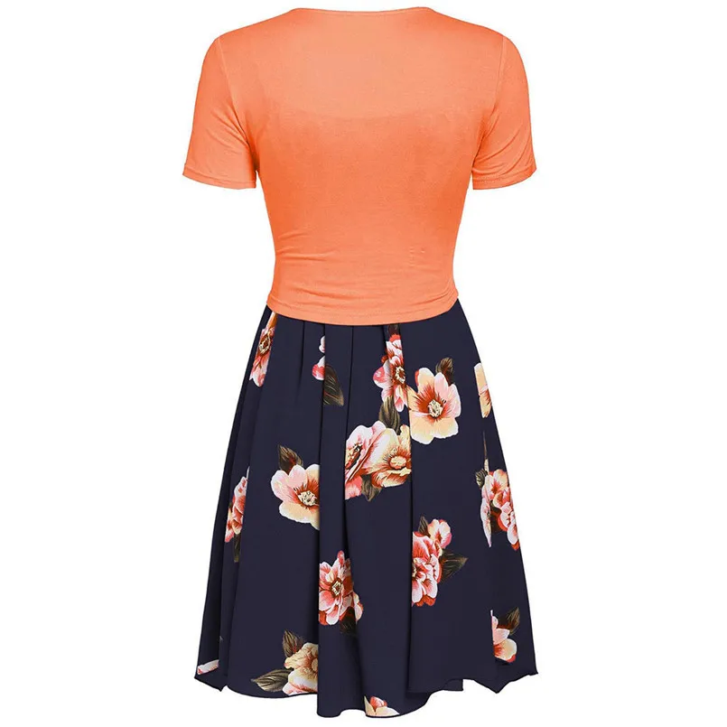 New Fashion Women Summer Short Sleeve Front Cross Cross Top Floral Print Mini Dress Elegant Ladies Casual Party Vestidos #4R09   (2)