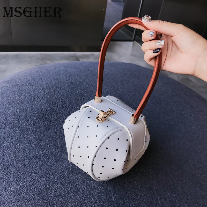 

MSGHER New Polka Hasp Ball Shoulder Bag Women Small Round PU Leather Bag Personality Female Wedding Handbag WB1693