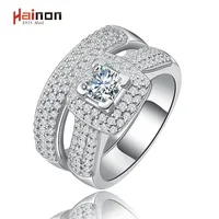 Hainon hot sale 20176 fine jewellery women wedding ring sets 2pc full Cubic Zircon promise jewelry Silver Color finger ring