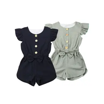 

Toddler Kids Baby Girl Button Sleeveless Ruffle Playsuit Jumpsuit Solid Color Bow Romper Summer Clothes