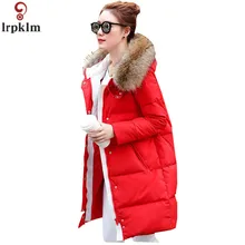 Женский пуховик, пальто, женская длинная Европейская зимняя парка для дам, большой меховой воротник, с капюшоном, утепленное пуховое пальто, высокое качество, LZ926