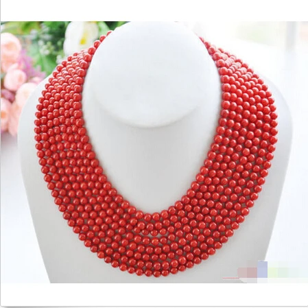 

S1645 Real 8row 16"~22" 6MM round red coral bead necklace ^^^@^Noble style Natural Fine jewe FREE SHIPPING