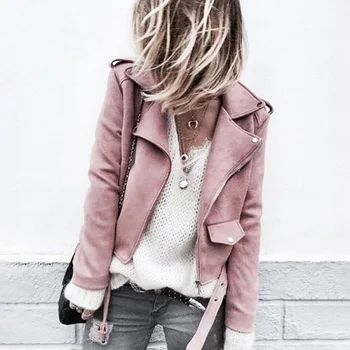 

Jacket Coat 2018 Motorcycle Jacket Women Cool Zipper Basic Suede Outwear Autumn Winter Solid Blue Pink Belted Plus size 4XL 5XL