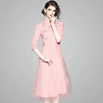 

2019 Dress Sexy Fashion Floral Vintage Half Pink Embroidery Women Mesh O Neck Chinese Style Casual Loose Party Dresses Wholesale