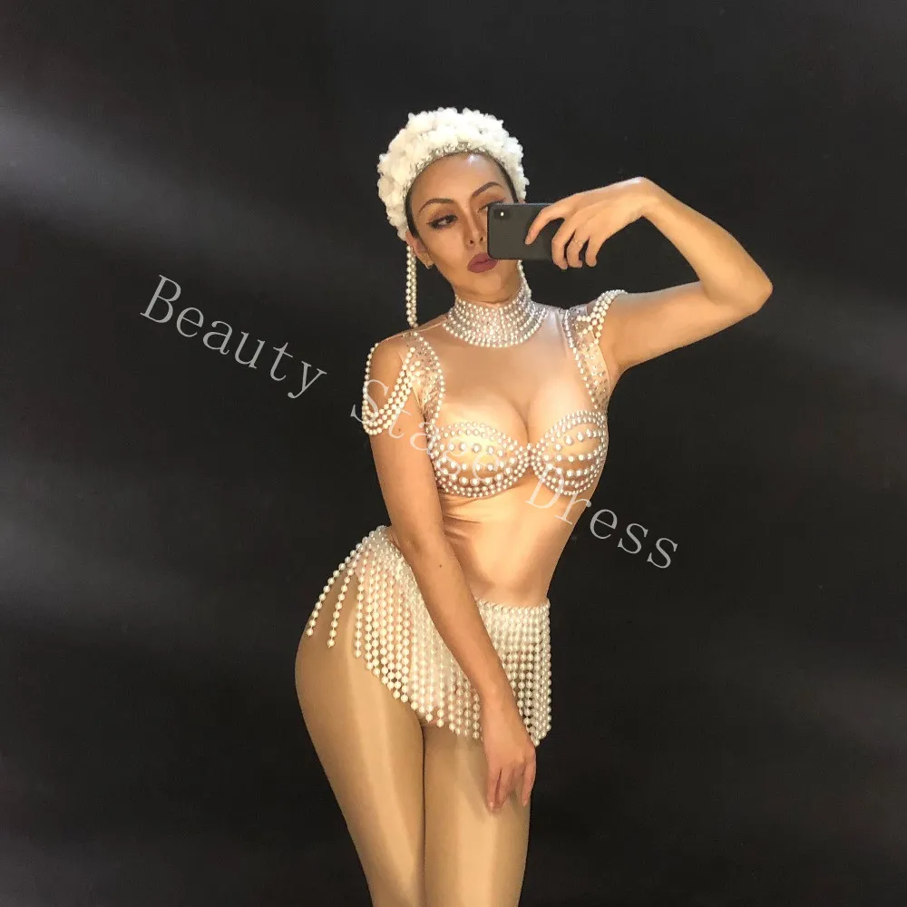 

New Women Sexy Singer Bodysuit Sleeveless Sparkling Crystals Pearls Jumpsuit Nightclub Party Stage Wear Bling Dance Costumes DJ