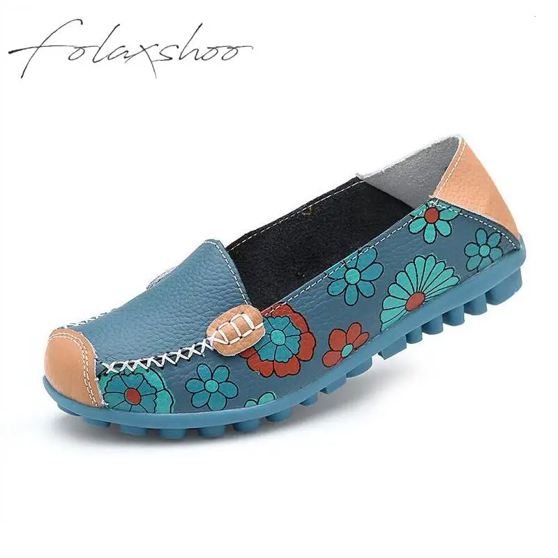 

Folaxshoo Womens Cowhide Floral Print Flat Casual Slip on Driving Loafer Shoes for Girls