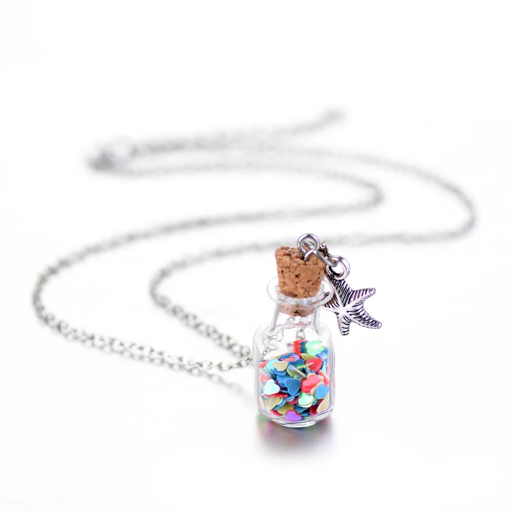 

2016 Hottest DIY Glass Drifting Bottle Pendant Necklace Ocean series Bling Sequins in Square Shape Glass wish Bottle Necklace