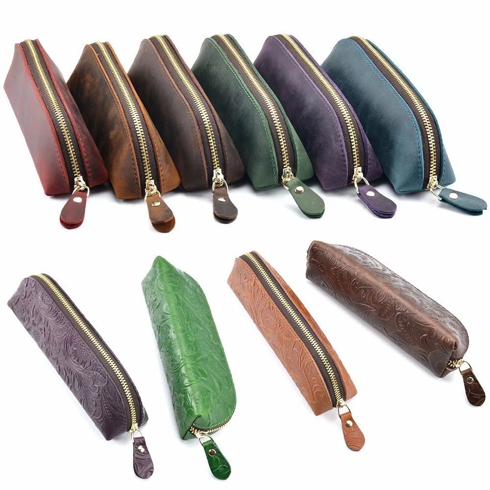 Moterm Handmade Genuine Leather Zipper Pen Pencil Bag Vintage Retro Style Creative School Stationary Accessories Free shipping