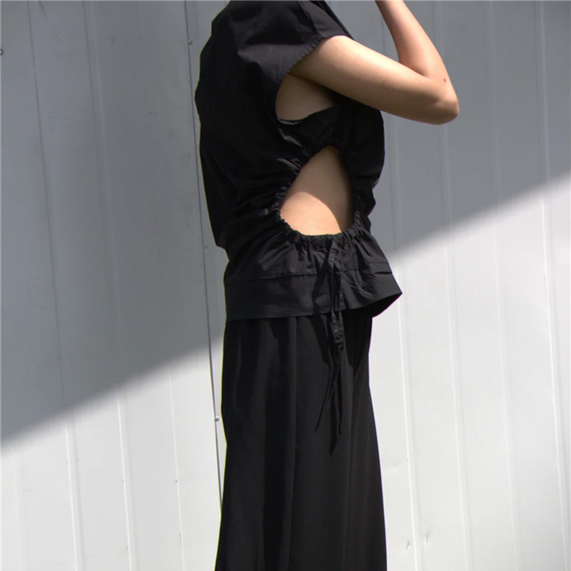 New Spring Summer Round Neck Sleeveless Black Hollow Out Drawstring Bandage Loose T-shirt Women Fashion Tide V901
