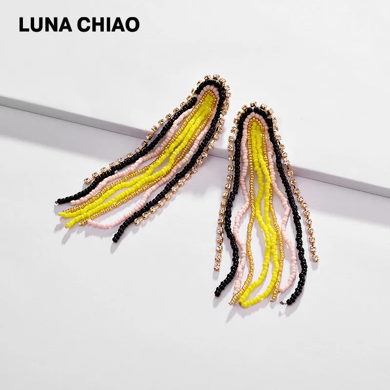 LUNA CHIAO богемная серьга Boho Ювелирный Стиль бисерные длинные висячие серьги с кисточками для женщин - Окраска металла: Black