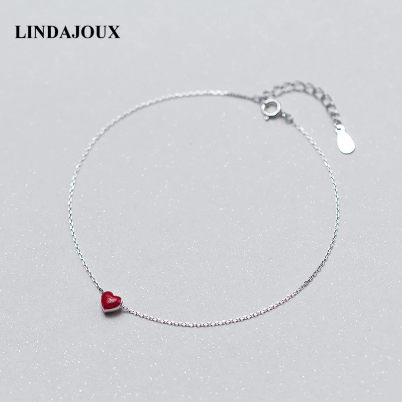 LINDAJOUX 925 пробы серебряный милый красное сердце шарм цепь ножной браслет для