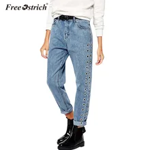 Свободные джинсовые штаны со страусиными вставками в стиле бойфренда, женские свободные брюки с высокой талией, с эффектом потертости, с заклепками, с отверстиями, с металлическими Люверсами, джинсовые прямые брюки D35