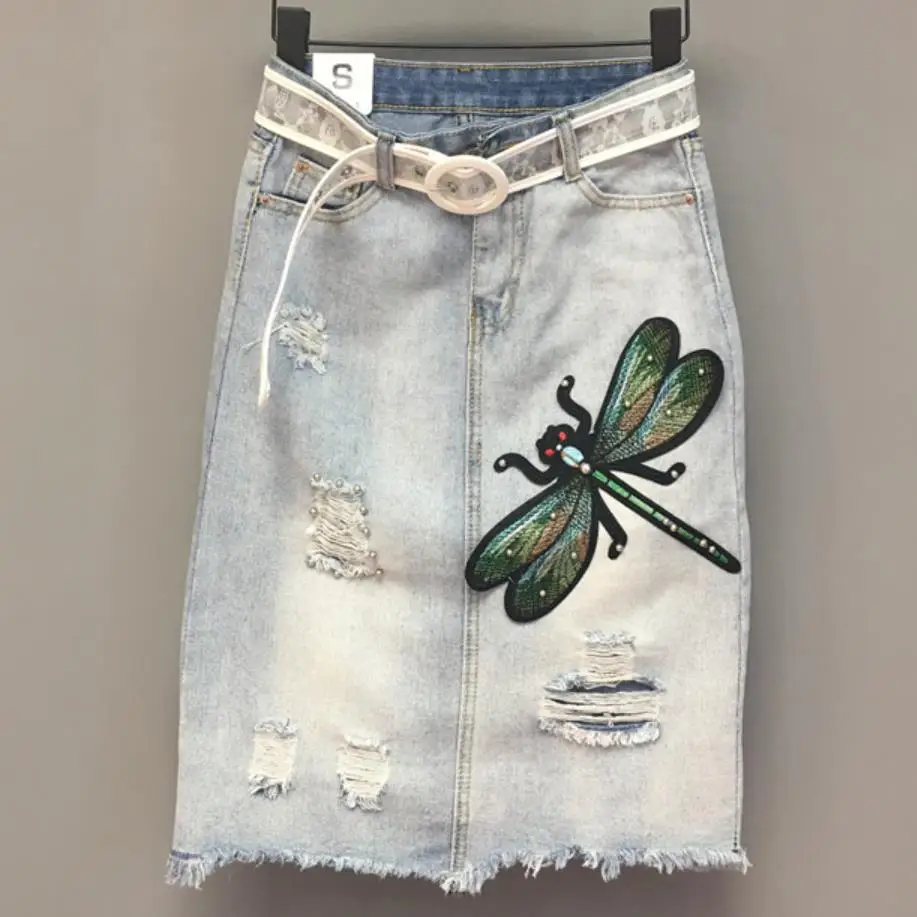 Модная Джинсовая юбка размера плюс 2XL, ручная работа, юбка с рисунком стрекозы, упаковка с отверстиями для бедер, джинсовая юбка трапециевидной формы
