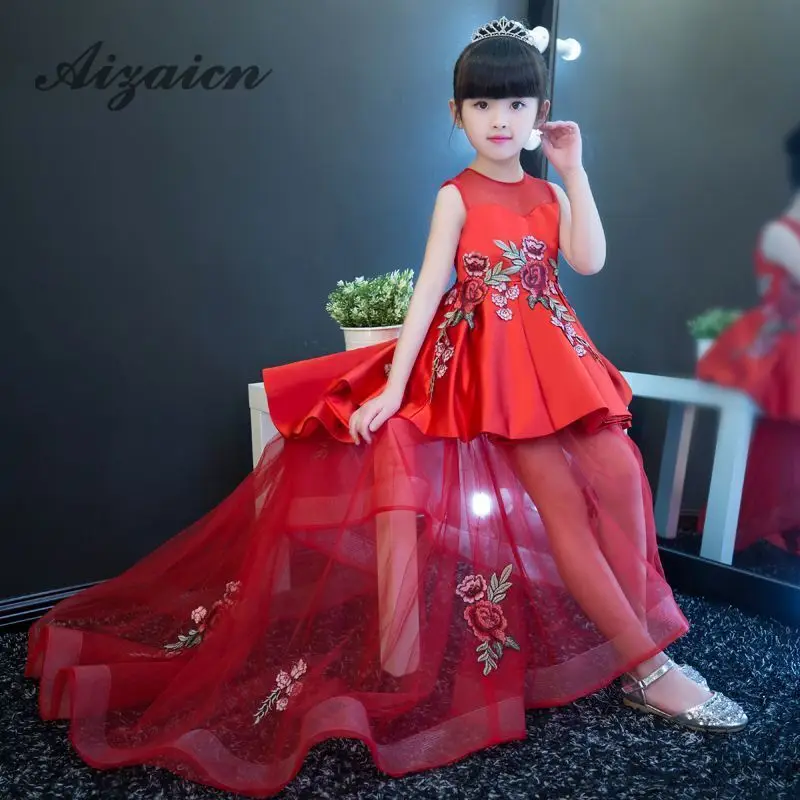 

Red Embroidery Mesh Trailing Evening Dress Piano T Stage Host Party Gown Carnival Costume Kids Child Princess Children Clothing