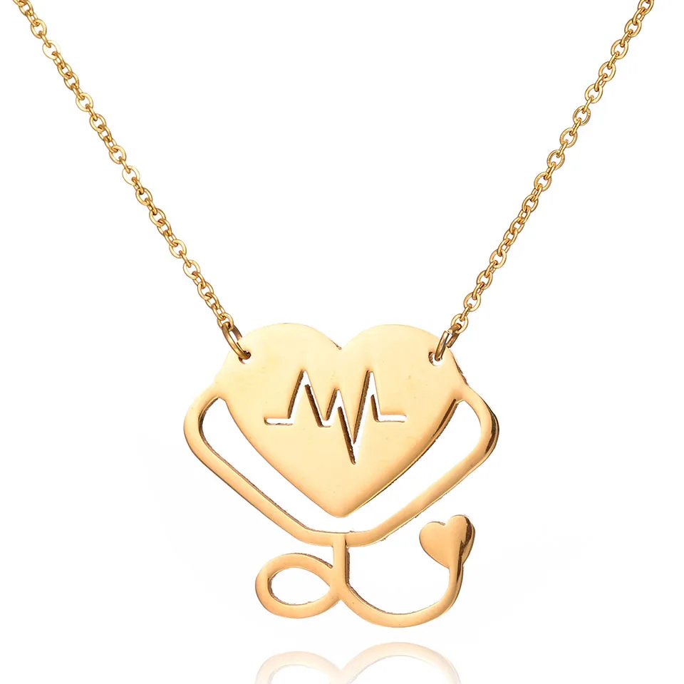 New Medical Stethoscope Pendant Necklace Gold Color Heart Beats Collar