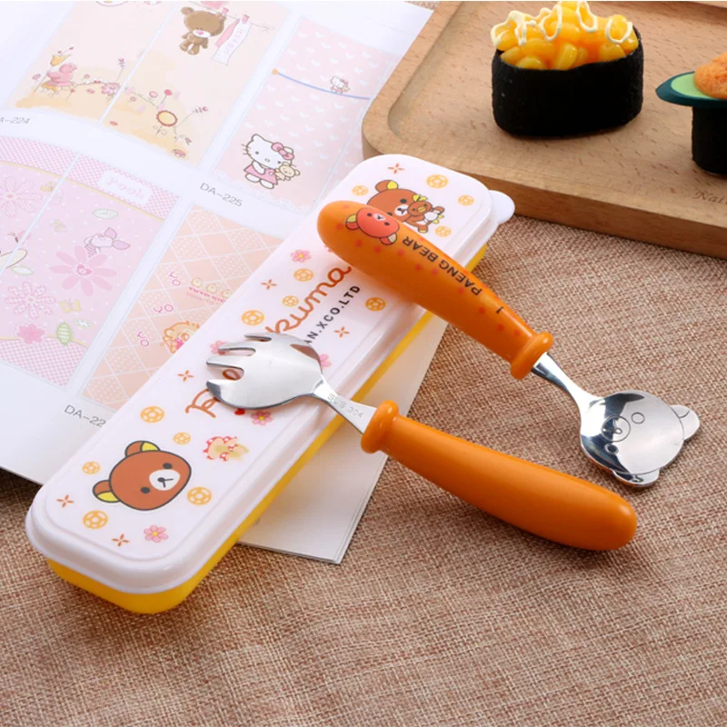 

Portable 3 pcs/set Travel Kids Cutlery Cartoon Hello Kitty Brown Bear Fork Dinnerware Set Camping Picnic Tableware Gift