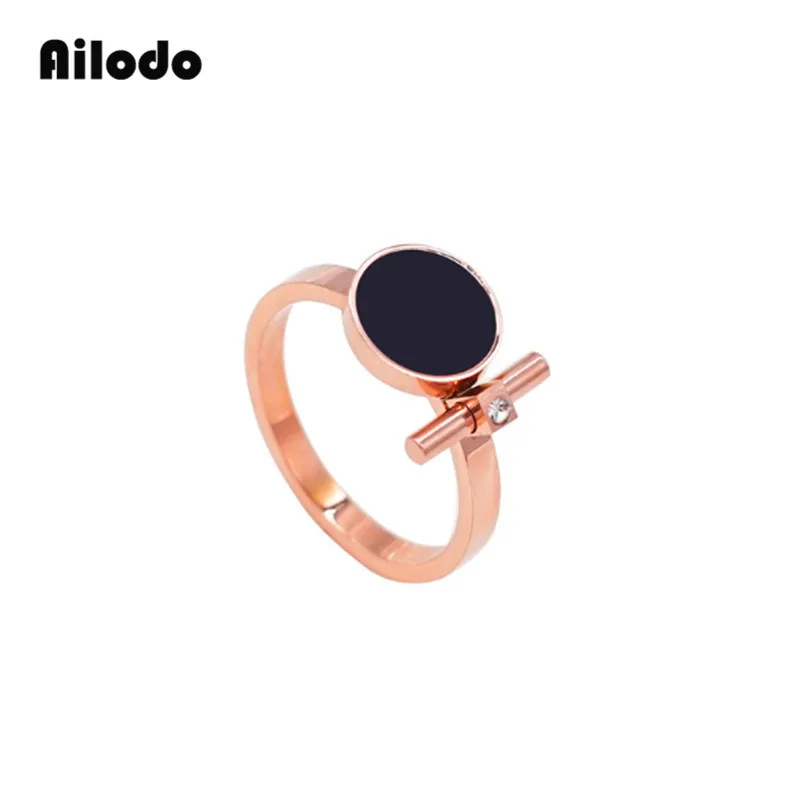 

Ailodo Simple Fashion Crystal Rings For Women Black Round Titanium Steel Rose Gold Color Finger Rings 2019 Hot Jewelry LD028