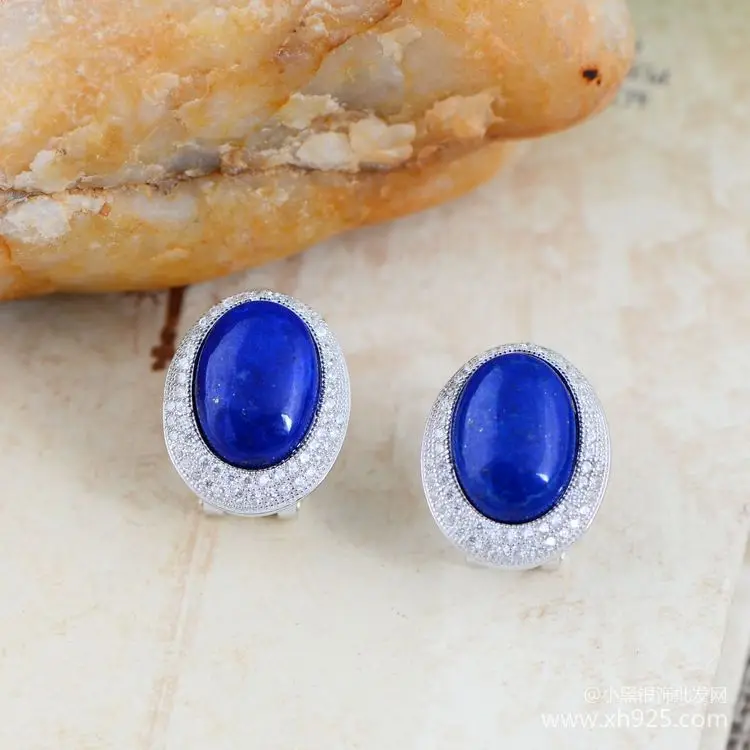 

925 sterling silver earrings wholesale simple inlaid CZ retro Lapis Stud Earrings Silver female models xh043952