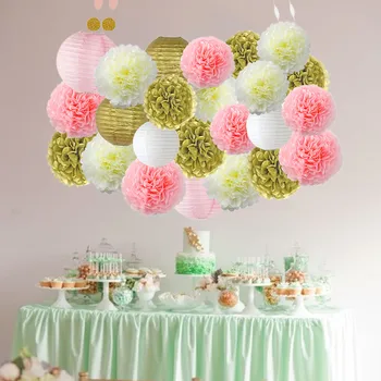 

18PCS Tissue Paper Pom Poms Decorative Paper Balls Tissue Balls With Paper Lantern Hanging Garland Party Suplies