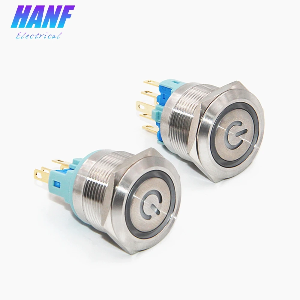 

1pcs 22mm 1NONC Power Symbol Ring-illuminated Flat Head Self-reset Metal Push Button Switch With LED lamp 6 pins 2A/220V