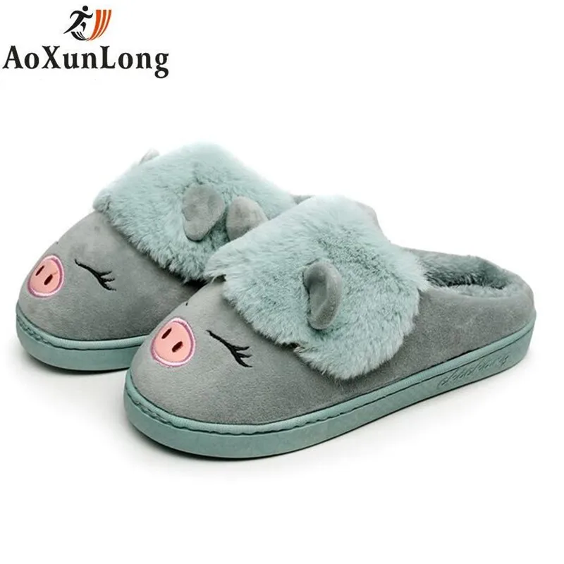 

Winter New Women Slippers Cute little Pig Couple Shoes Flat Quality Plush Warm Home Unisex Indoor Slippers Women Blue Size 36-45