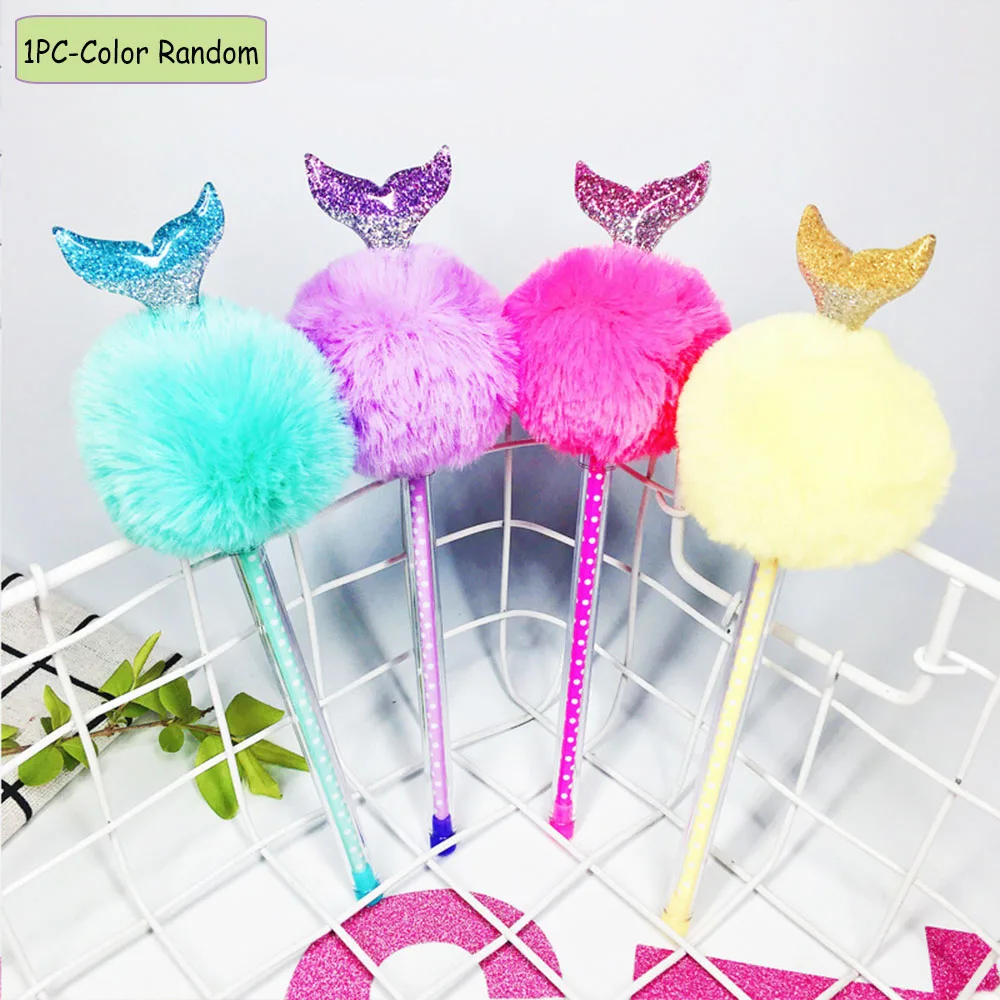 

1PC Color Random Cute Mermaid Tail Plush Warm Ball Black Colored Gel Pens For Writing Stationery Office School Supplies