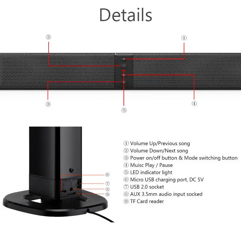 Home Theater 20W Bluetooth Soundbar Tv Aux Optic Bluetooth Soundbar Speakers Column Soundbar With Subwoofer Speaker For Tv