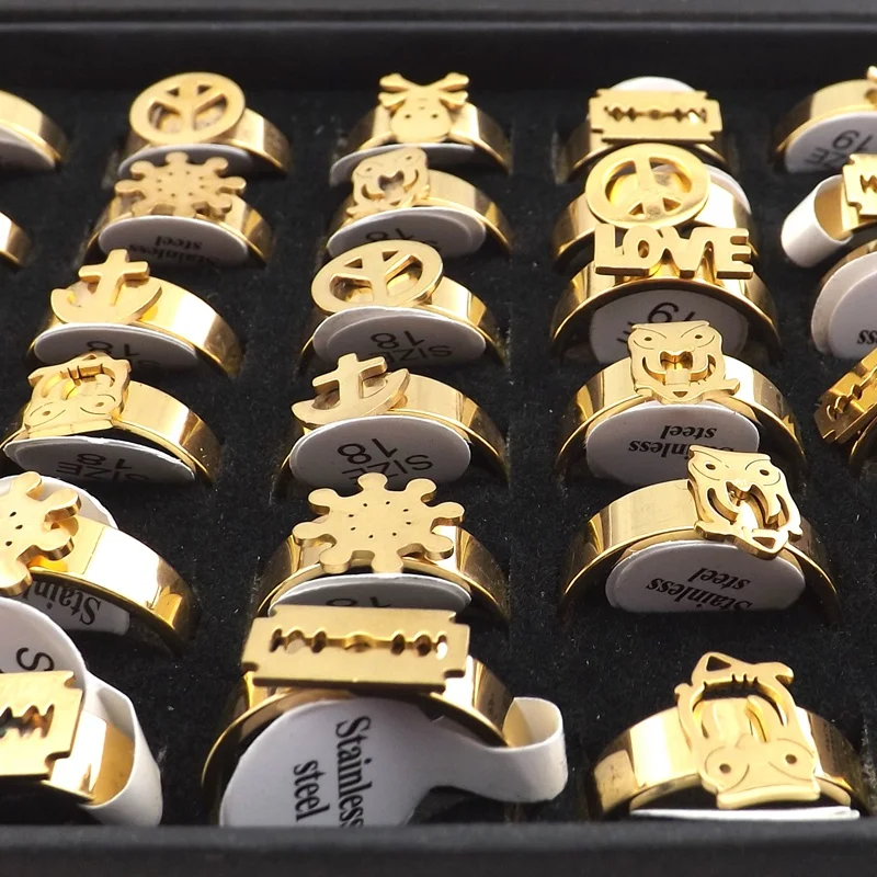Золотой цвет прочность кольца из нержавеющей стали группа звено с украшением смешанный дизайн 36 шт./лот