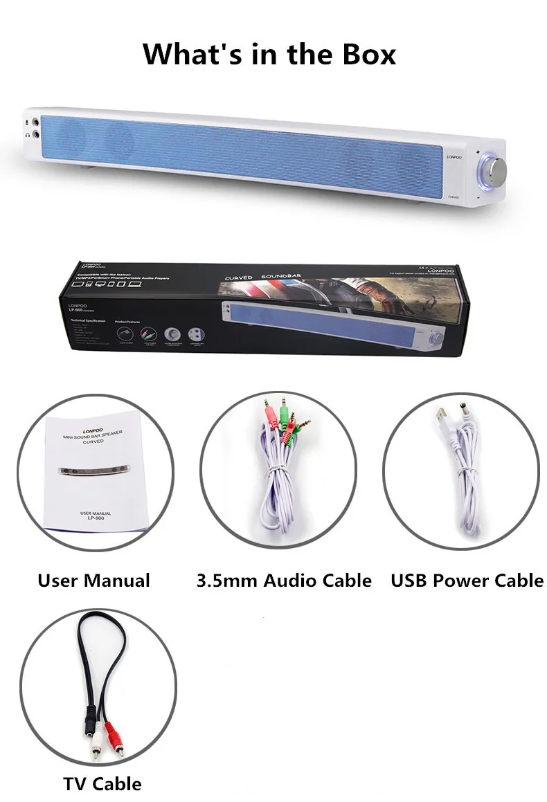 LONPOO Portable Speaker USB Surround TV Soundbar Subwoofer Home theater Support AUX phone PC TV laptop desktop