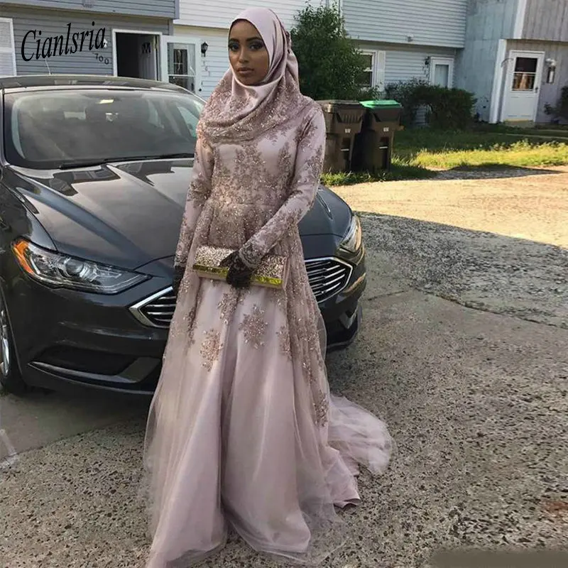 Modest Muslim Applique Beads Evening Dresses Long Sleeves Saudi Arabia Vestidos De Festa Long Party Dress Prom Formal Gowns