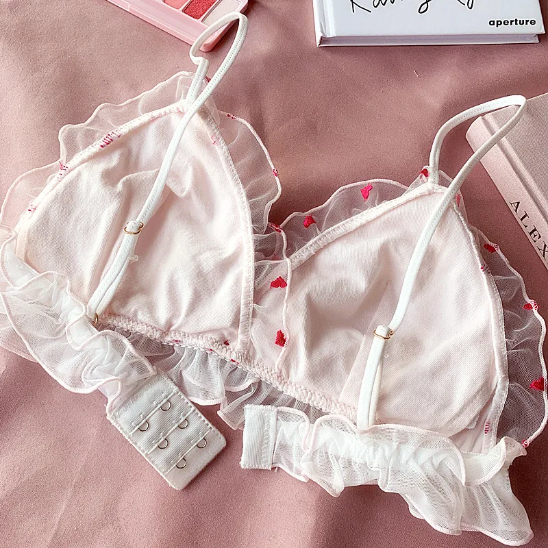 new young girls small wire free sleep underwear lace love embroidery thin cup with pad Japanese lingerie bra and panty set