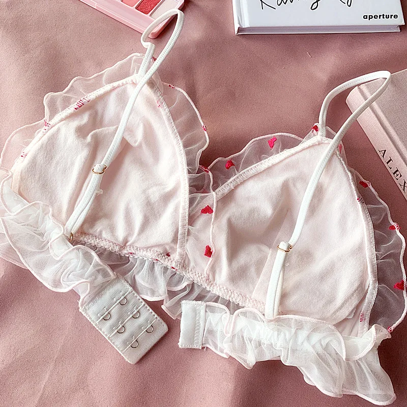 2018 new young girls small wire free sleep underwear lace love embroidery  thin cup with pad Japanese lingerie bra and panty set