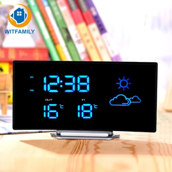 

Arc Shape Digital Temperature Display LED Alarm Clock Weather Forecast FM Radio Snooze Function Home Decoration Desk Table Clock