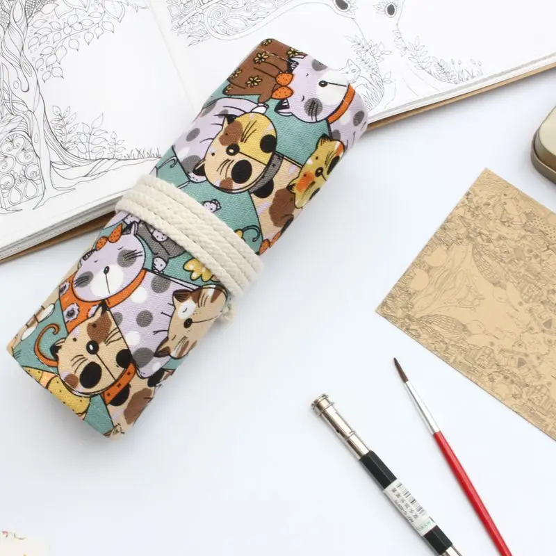 TOPSTHINK cat pattern pencil pouch cute canvas Roll pen pocket with rope middle hardness novelty pencil case with 5 size