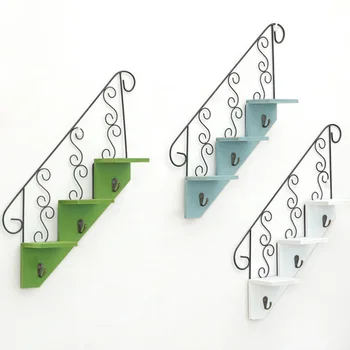 

3-Tier Shelf Home Decoration Decorative Stairs Shape Wall Mounted Floating Holder With 3 Hooks Multipurpose Rack Display Rack