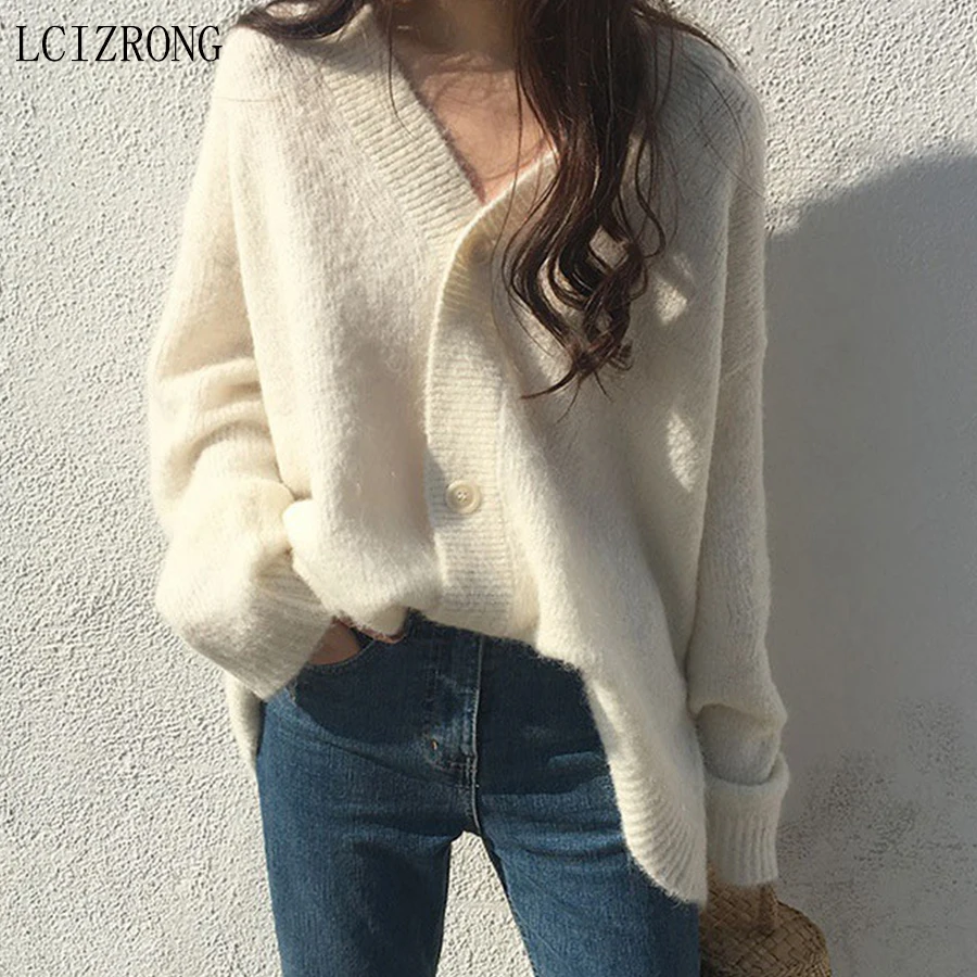 

3 Colors Casual Loose Sweaters Women Sexy V Neck Solid Cardigans Long Sleeve White Knitted Coat Female