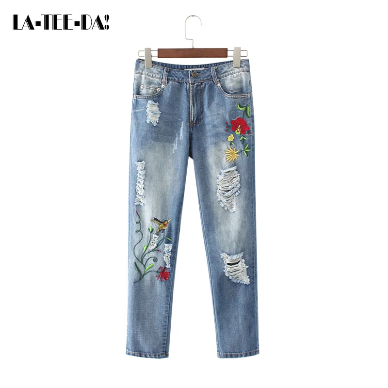 

La-Tee-Da! 06 2017 Denim Pants Women Embroidery Jeans Lady Fashion Casual Bleached Elastic Pencil Pant Retro Embroidery Trousers