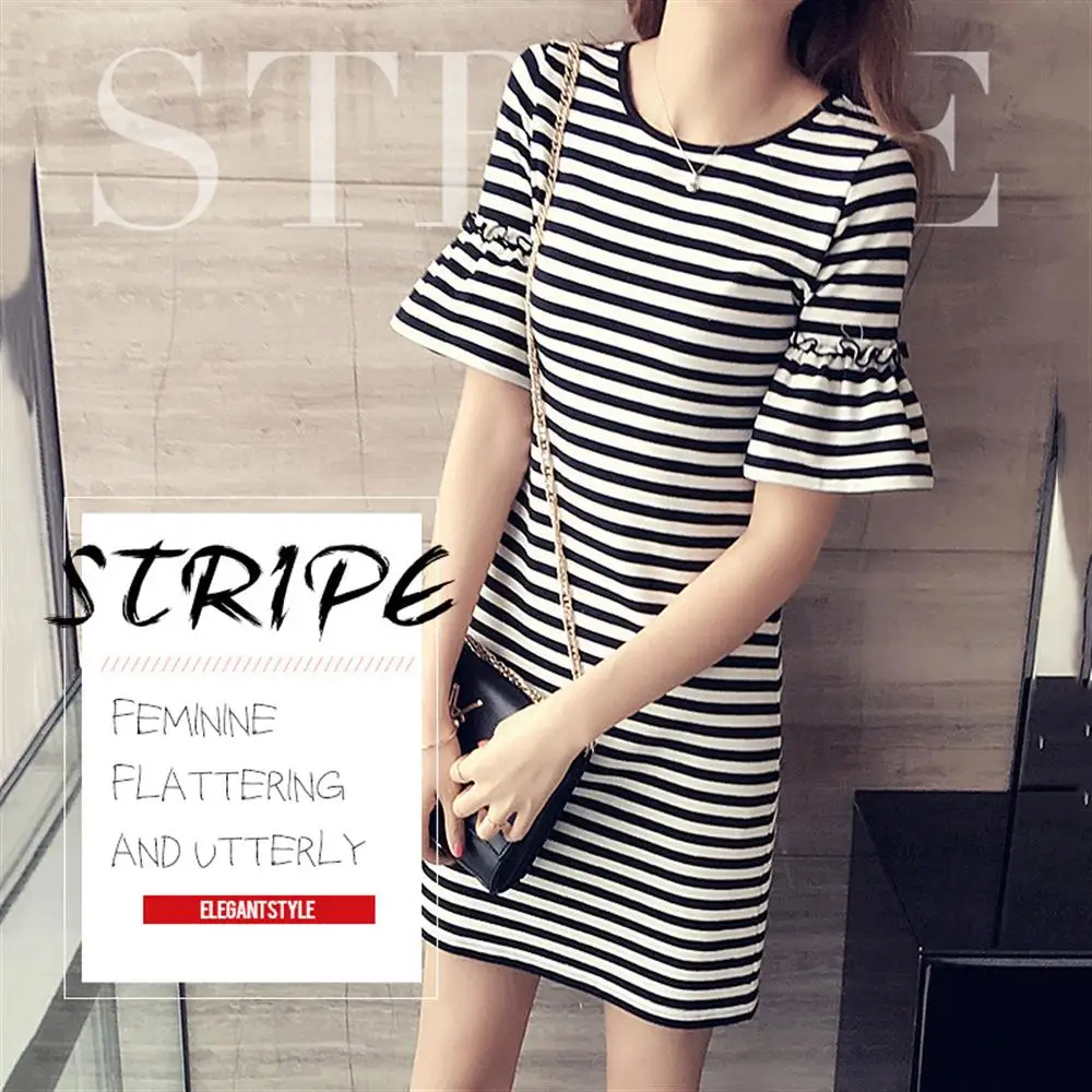 

2019 Summer Hot Women 's Slim Dress Horizontal Stripes Print Dress Chic Party Dresses Casual Wear Sleep Wear Inside Dress