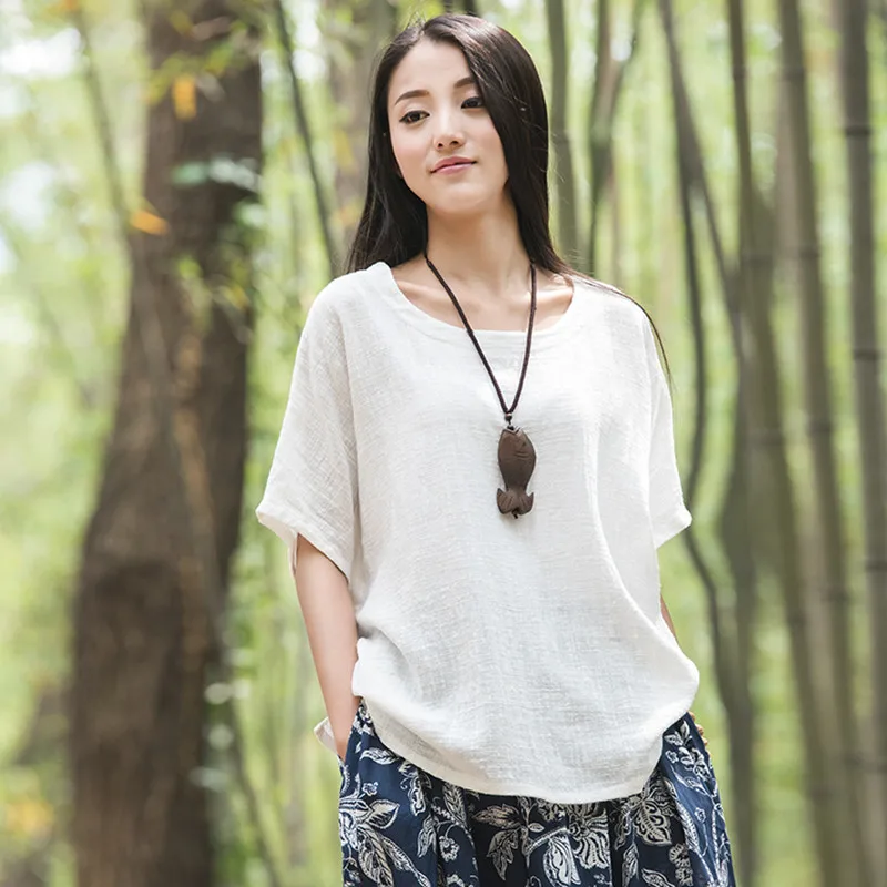 

2018 Loose White Cotton Linen Women Clothes O-neck Original Shirt Casual Irregular Blusa Summer Short Sleeves Blouses For Women