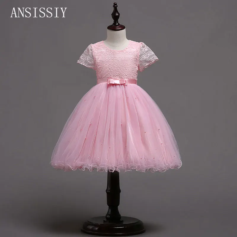 

Summer Kids Wedding Pearl Girls Dress Solid Mesh Princess Dress Children's Day Party Show Kids Vestido Clothing 4-10 Years